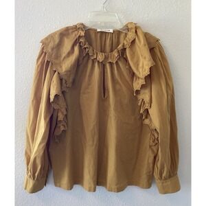 Masscob Women's Blouse Size L Mustard Yellow Keyhole Ruffle Collar/Sleeves *Flaw